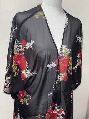 Sheer Black Floral Kimono with Red Rose Print